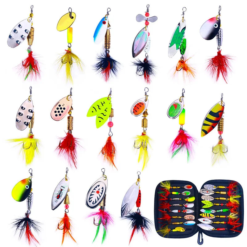 16PCS Fake Bait Spinner Lures Metal Bait Fishing Lure Spinnerbait Bass Trout Salmon Hard Metal Spinner Baits Kit With Tackle