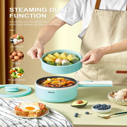 Yabano Electric Pot, 850W Non-Stick Electric Hot Pot with Steamer,1.6L Noodles Cooker with Dual Power Control, Portable Pot For