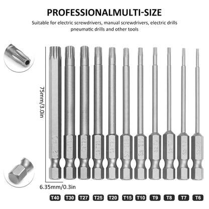 11Pcs Torx Screwdriver Bit Set 1/4 Inch Hex Shank Tough Torx Star Hex Security Bit Set Professional Magnetic Star S2 Steel
