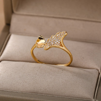 Fashion Palm Leaf Shape Rings For Women Stainless Steel Gold Color Zircon Adjustable Finger Ring Party Jewelry Gift Bijoux Femme