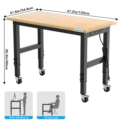 48" Heavy-Duty Adjustable Workbench with Brake Wheels,Rubber Wood Workbench has Adjustable 5 Different Heights