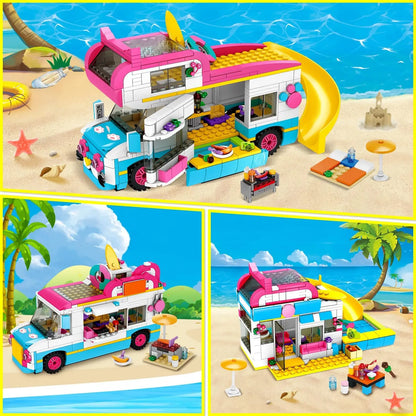 HOGOKIDS 3-in-1 Girls Camper Van Building Set - 494PCS Summer Beach Camping Building Blocks Sets | Food Truck Building Toys with