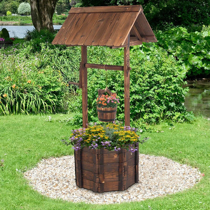 Wooden Wishing Well Planter with Hanging Bucket for Flower and Plants Indoor/Outdoor, Rustic Flower Planter Ornamental