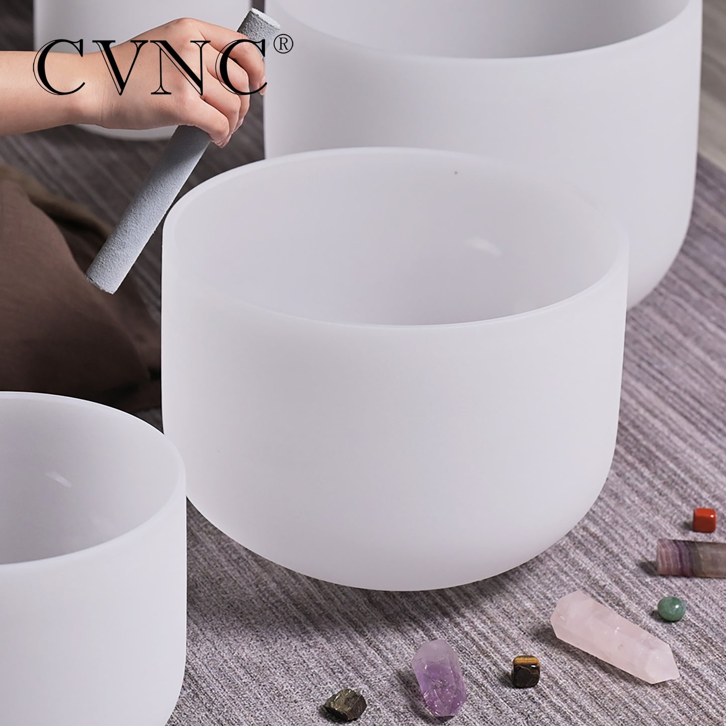 CVNC 6-12&quot; White Frosted Quartz Crystal Singing Bowl Chakra Set 7pcs for Sound Healing Yoga Mediation with Mallets