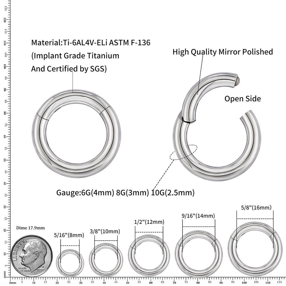 ASTM F136 Titanium Large Gauge 6G 8G 10G Single Hinged Clicker Segment Hoop Ring Septum Nose Piercing