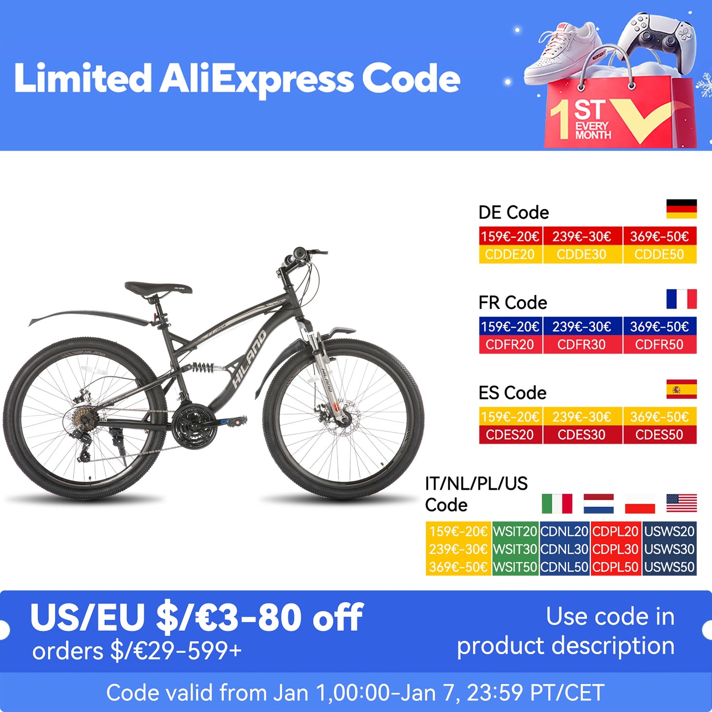 Hiland Full Suspension Mens Mountain Bike, 21 Speed, 26 Inch Wheel, Dual Disc Brake Bike for Men Womens Adult Bicycle