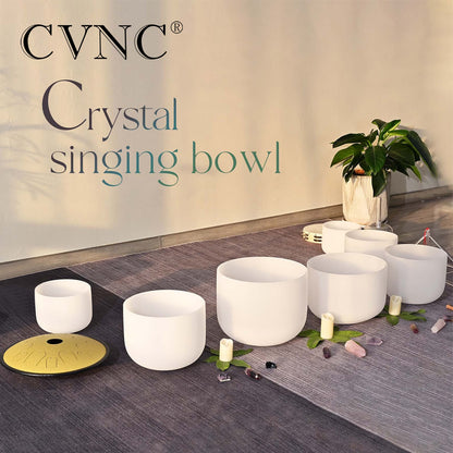 CVNC 6-12" White Frosted Quartz Crystal Singing Bowl Chakra Set 7pcs for Sound Healing Yoga Mediation with Mallets