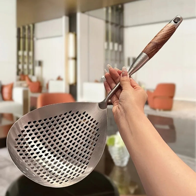 1pc Stainless Steel Colander with Large Hole Spoon, Kitchen Strainer for Frying, Hot Pot, Cooking & Baking Draining