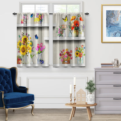 2 Panel Butterfly Flower Kitchen Curtains,SunFlower Curtains Short Cafe Curtain for Living Room Abstract Aesthetic Art Decor