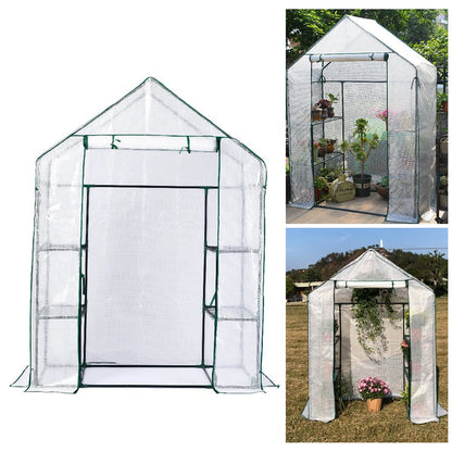 Portable Greenhouse Shed Metal Frame Walk-in Greenhouse with Roll-Up Door 3 Tier Shelves Easy Assembly Mini Greenhouse for Court