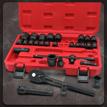 1/2"Impact Socket Set,30 Piece Shallow Impact Socket Kit Assortment, Includes Ratchet Handle and Impact Extension Bars, Automoti