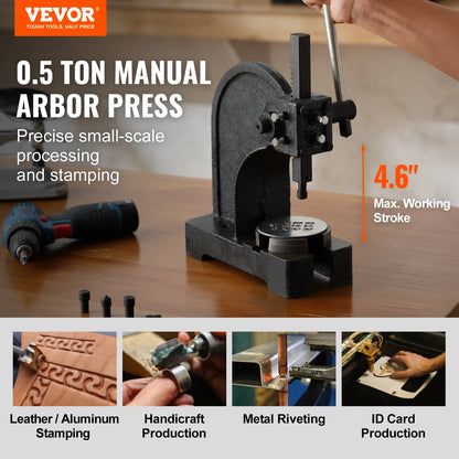 VEVOR Arbor Press 0.5/1/3 T Manual Arbor Press Cast Iron Heavy-duty Manual Desktop Arbor Press Precision Hand Press for Stamping