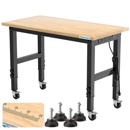 48" Heavy-Duty Adjustable Workbench with Brake Wheels,Rubber Wood Workbench has Adjustable 5 Different Heights