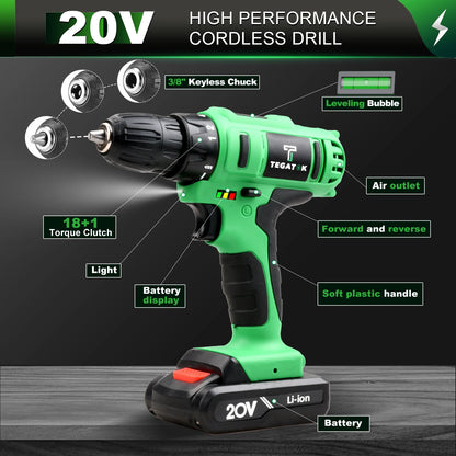 Tegatok 20V Cordless Power Drill,Position Drill with 18+1 ,  2AH Li-ion Battery&Fast Charger.