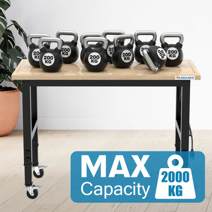 48" Heavy-Duty Adjustable Workbench with Brake Wheels,Rubber Wood Workbench has Adjustable 5 Different Heights