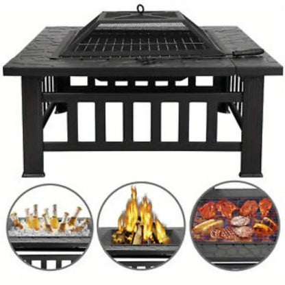 32" Metal Firepit Patio Backyard Garden Square Stove Cover Fire Pit Heat Brazier