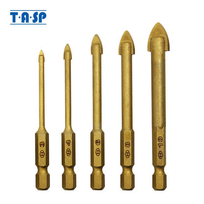 TASP 5pcs Glass Drill Bit Set Tungsten Carbide Titanium Coated Ceramic Tile Cutter 1/4" Shank 3 4 6 8 10mm Construction Tools