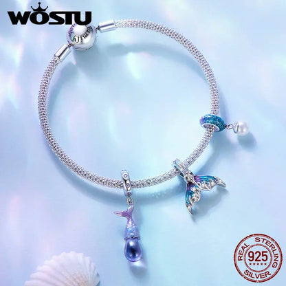 WOSTU 925 Sterling Silver Ocean World Turtle Beads Shell Safety Chain Heart Rainbow Crystal Charms Fit DIY Bracelet Necklace