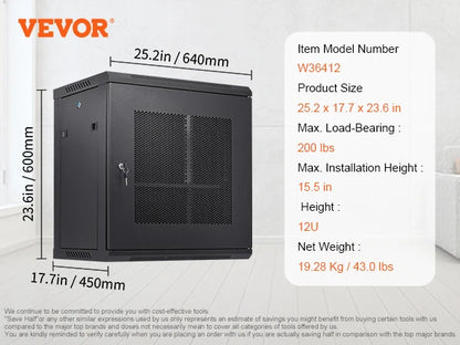 VEVOR Multifunctional Network Server Cabinet 9U/6U/12U Floor Standing/Wall Mounted Server Enclosure for Microdata Center Office
