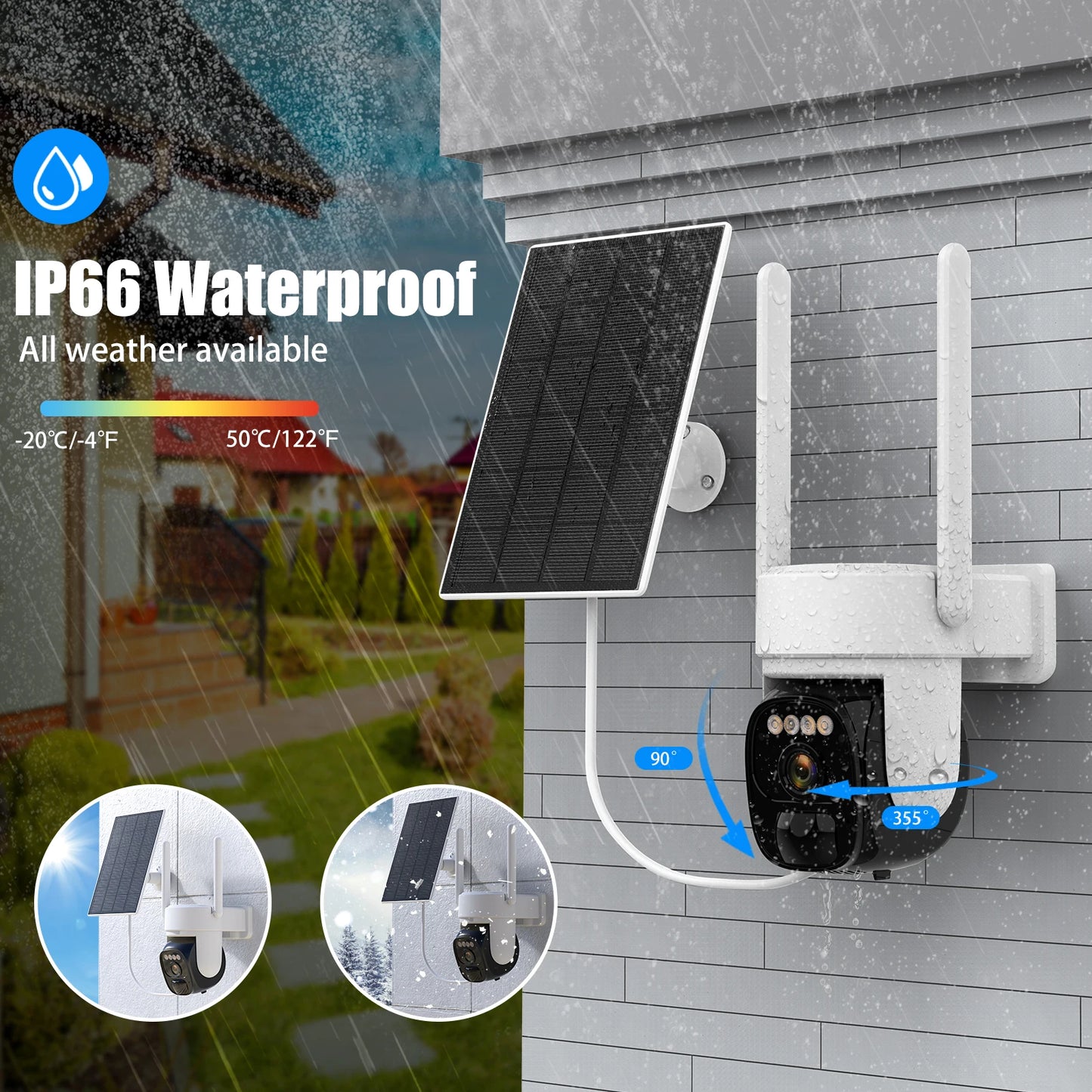 Wireless outdoor solar security camera 2K 360°PZT panoramic tilt, CCTV low power 2.4GWiFi, AI motion detection, PTZ PIR ,IP66