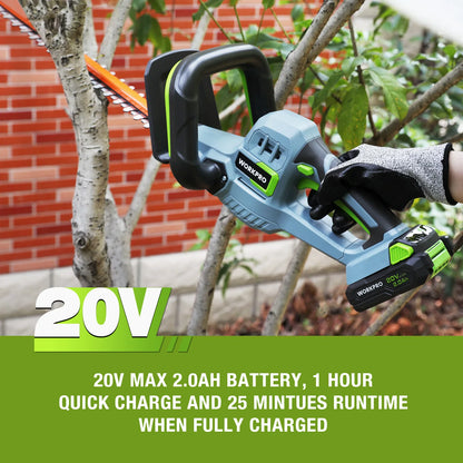 WORKPRO 20V Cordless Hedge Trimmer 20" Dual Action Blades Electric Gardening Trimmer 2.0Ah Battery 1 Hour Quick Charger Include
