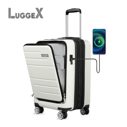 LUGGEX Carry On Luggage 22x14x9 Airline Approved, Expandable Polycarbonate Suitcase with Front Pocket (White, 20 Inch, 36.1L)