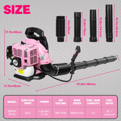 52CC 2-Stroke Backpack Gas Leaf Blower, Gas Blower, Up to 550 CFM, Powerful Clearing, for Lawn Care Yard Dust Debris