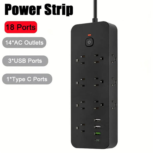 14AC Outlets Power Strip Multiprise Extension Cord 3 USB 1 PD Fast Charger US Plug Electrical Socket Network Filter Adapter