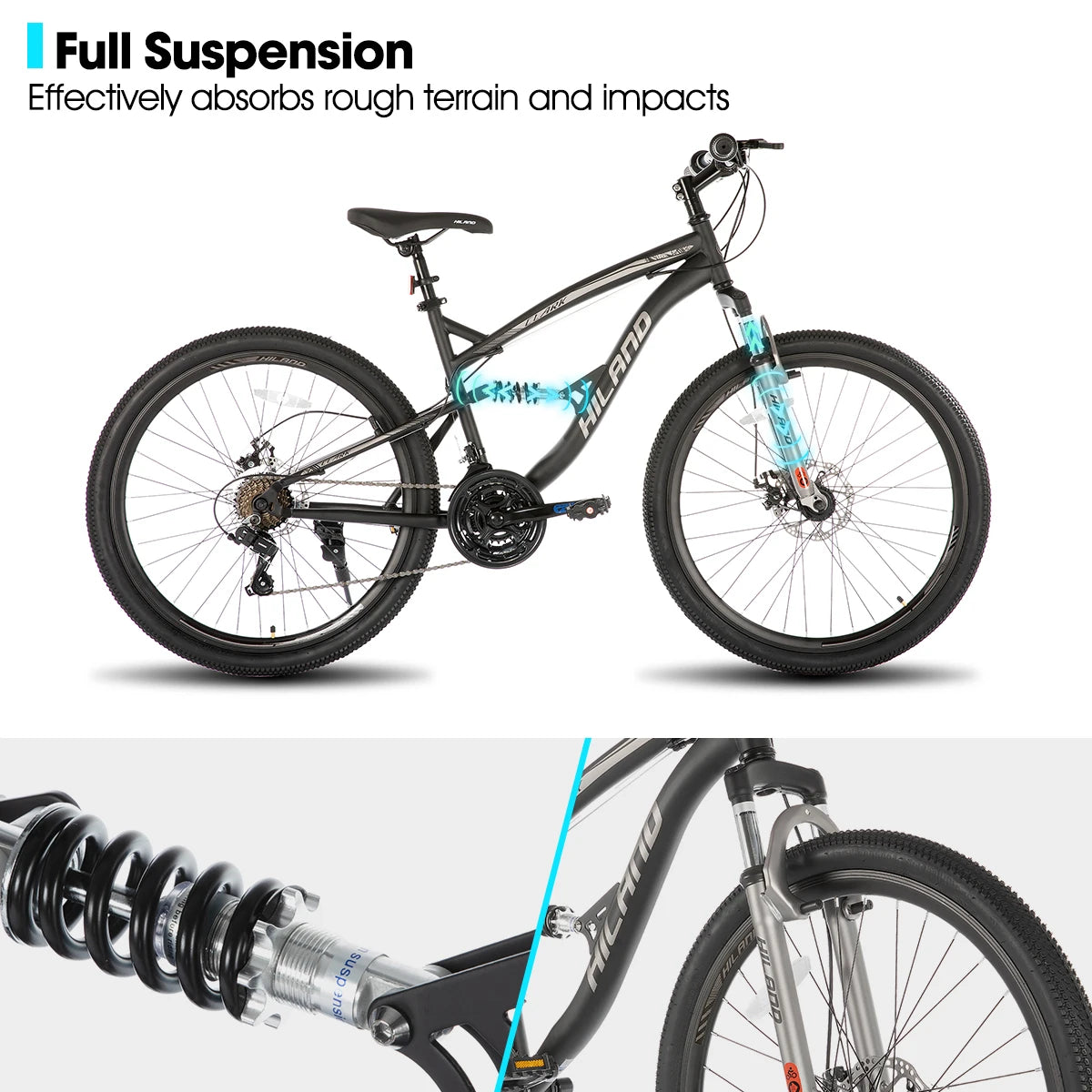 Hiland Full Suspension Mens Mountain Bike, 21 Speed, 26 Inch Wheel, Dual Disc Brake Bike for Men Womens Adult Bicycle