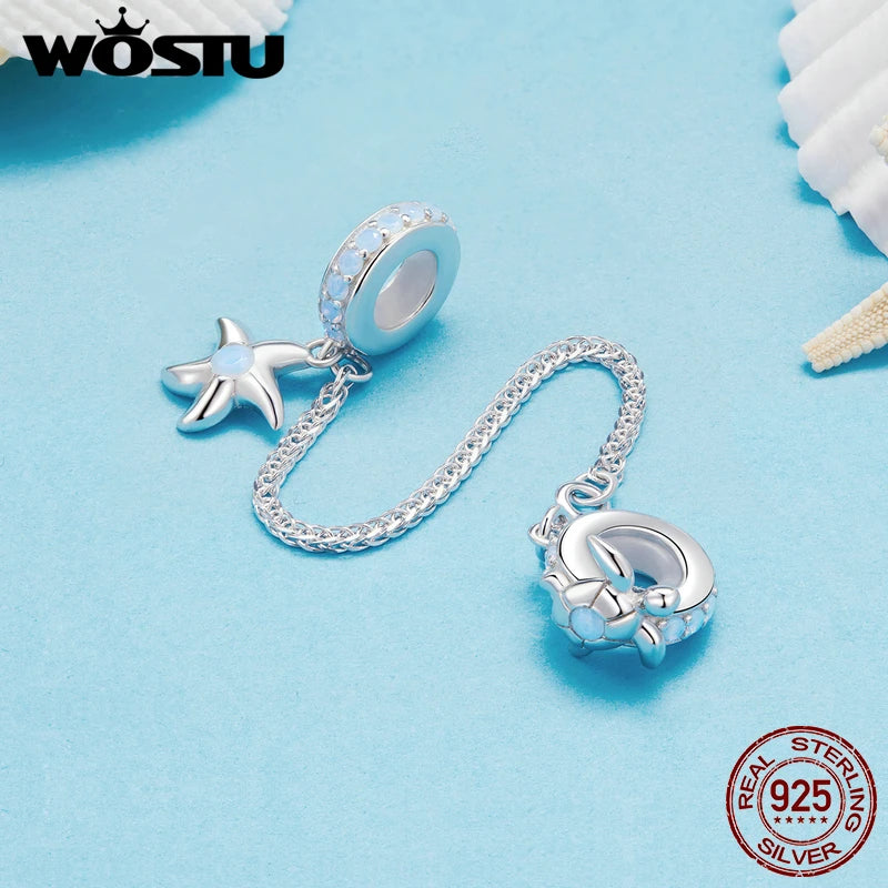 WOSTU 925 Sterling Silver Ocean World Turtle Beads Shell Safety Chain Heart Rainbow Crystal Charms Fit DIY Bracelet Necklace