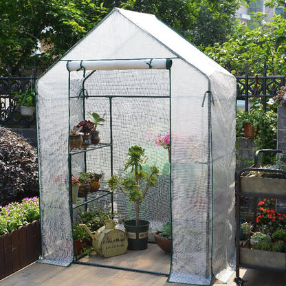 Portable Greenhouse Shed Metal Frame Walk-in Greenhouse with Roll-Up Door 3 Tier Shelves Easy Assembly Mini Greenhouse for Court