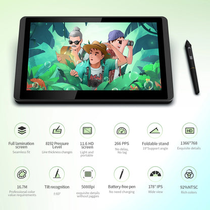 Bisofice 12HD-A H-IPS LCD Graphics Drawing Tablet Monitor 11.6 Inch 8192 Pressure Level Passive Technology with Tilt Function