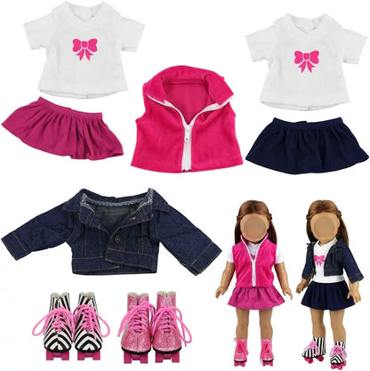 Barwa 2 Sets Doll Clothes and 2 Pairs Ice Skates Boots Shoes Fashion Autumn Clothing Dress Sets Compatible for 18 Inch Doll