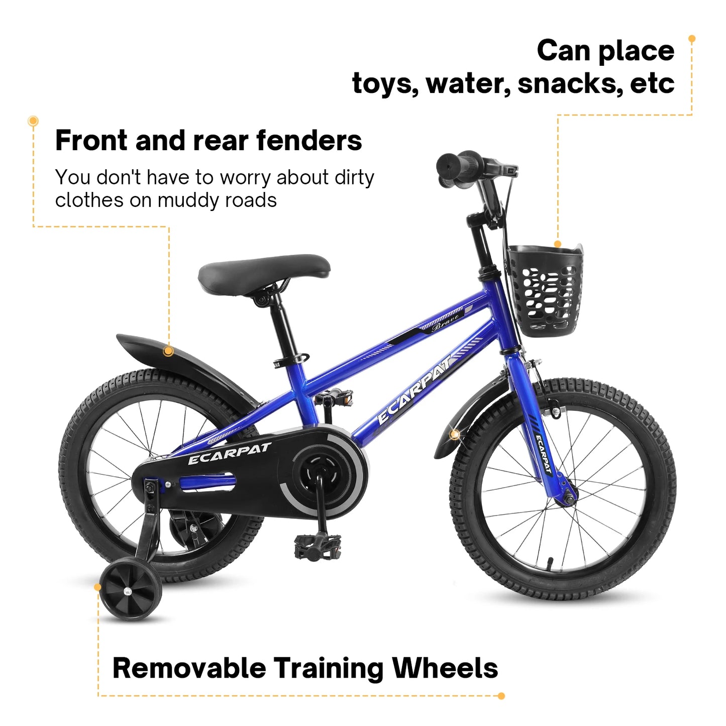 Kids Bike 14 inch for Boys & Girls with Training Wheels, Freestyle Kids' Bicycle with Bell,Basket and fender.