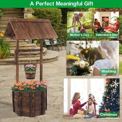 Wooden Wishing Well Planter with Hanging Bucket for Flower and Plants Indoor/Outdoor, Rustic Flower Planter Ornamental