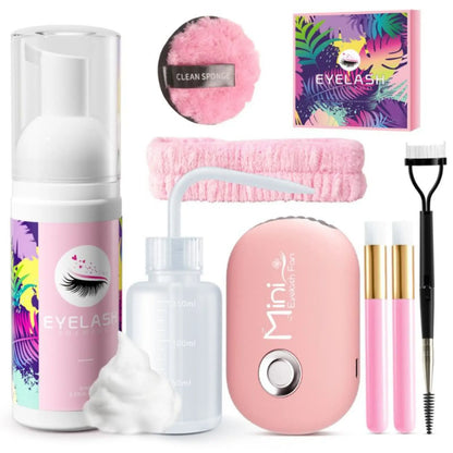 Lash Cleaning Kit Lash Cleanser for Eyelash Extension Lash Shampoo with Mini Lash Fan Rinse Bottle Cleaning Brushes Hair Band