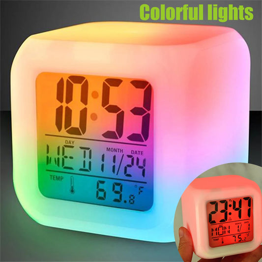 LED Digital Alarm Clock Mini Desk Cube Clock with Colorful Lights and Multiple Modes Multifunctional Glow Desk Clock Battery