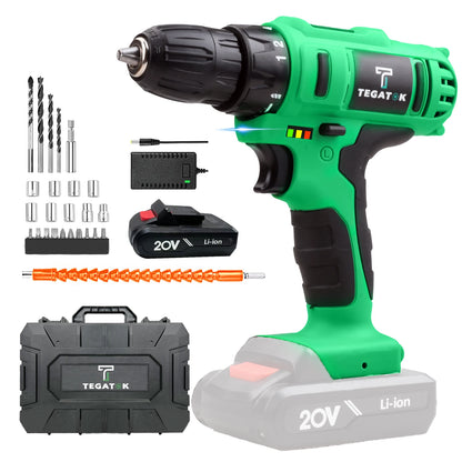 Tegatok 20V Cordless Power Drill,Position Drill with 18+1 ,  2AH Li-ion Battery&Fast Charger.