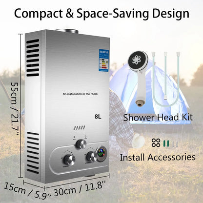 VEVOR Gas Water Heater LPG Hot Water Heater Stainless Steel Tankless  Propane Gas LPG Boiler Home Appliance 6L-18L