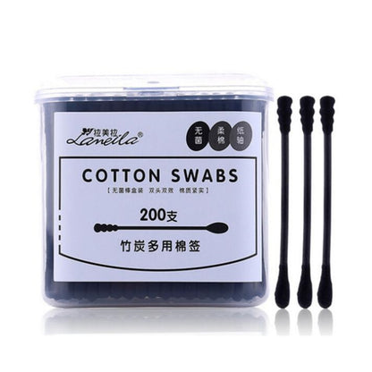 200pcs Disposable Cotton Swab Spiral Ear Cleaner Black Double Heads Medical Swab Lipstick Eyebrow Eyelash Cotton Bud Makeup Tool