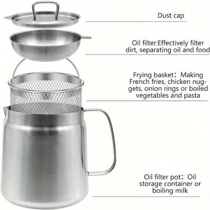 304 Stainless Steel Oil Filter Pot with Strainer Deep Fryer Basket for Kitchen, Multi-function Frying Net Tank Grease Container