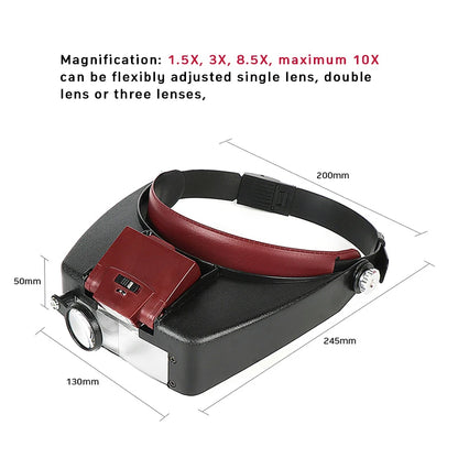 New 10X Headband Magnifier Glasses Helmet Style Loupe Lens LED Lights Loupe Microscope For Repairing Watch Jewelry Reading