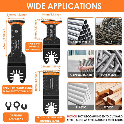15Pcs Oscillating Saw Blades Set Multipurpose Extra-Long Japanese Precision Teeth Saw Blade Curved-Edge Bi-Metal Multitool Blade