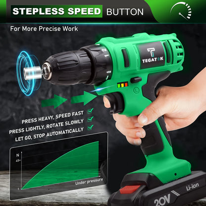Tegatok 20V Cordless Power Drill,Position Drill with 18+1 ,  2AH Li-ion Battery&Fast Charger.