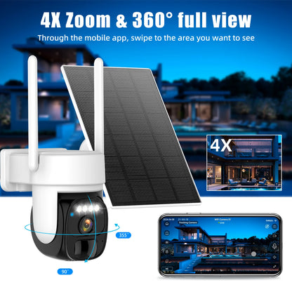 Wireless outdoor solar security camera 2K 360°PZT panoramic tilt, CCTV low power 2.4GWiFi, AI motion detection, PTZ PIR ,IP66
