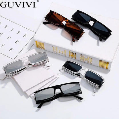 Vintage Rectangle Sunglasses Women Small Frame Mirror Sun Glasses Silver Black Lens Men One Piece Punk Eyeglasses Gafas Shades