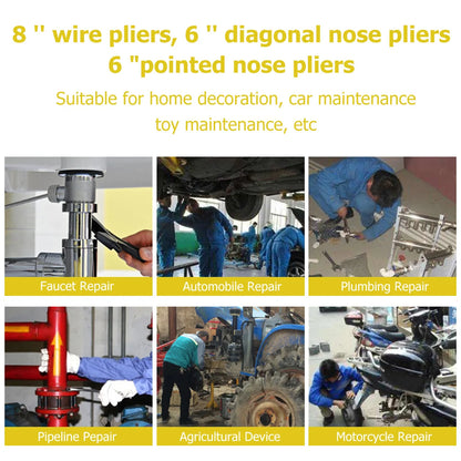 3set High Carbon Steel Pliers ,Cable Wire Cutting Pliers with Soft Grip Handle 6" Spiked Pliers Hand Tool