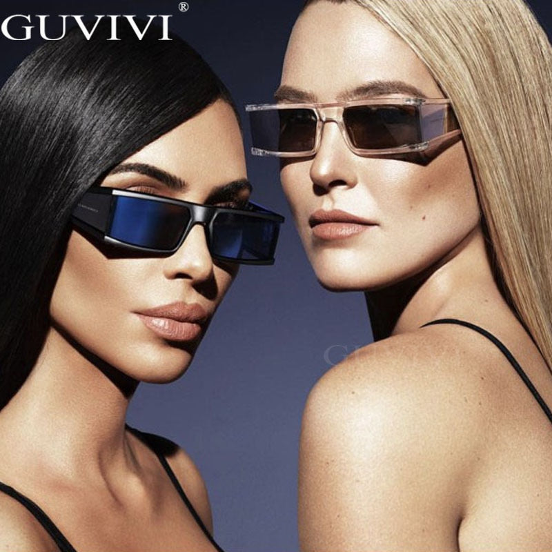 Vintage Rectangle Sunglasses Women Small Frame Mirror Sun Glasses Silver Black Lens Men One Piece Punk Eyeglasses Gafas Shades