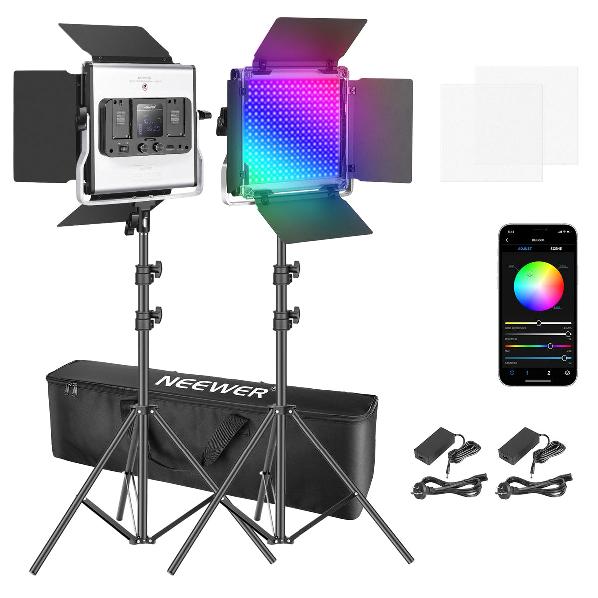 Neewer 2 Packs 660 RGB Led Light with APP Control, Photography Video Lighting Kit with Stands and Bag