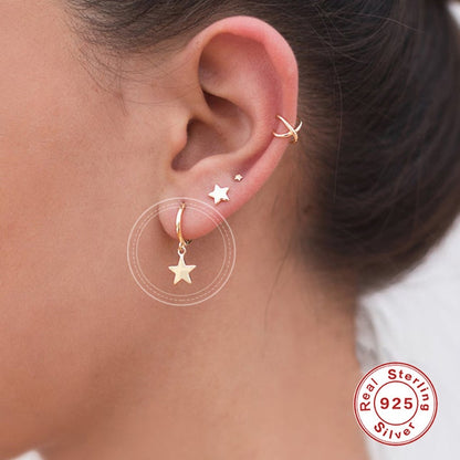 Aide 925 Sterling Silver Classic Zircon Star Moon Pendant Hoop Earrings For Women Crystal Pentagram Earrings Jewelry Pendiente